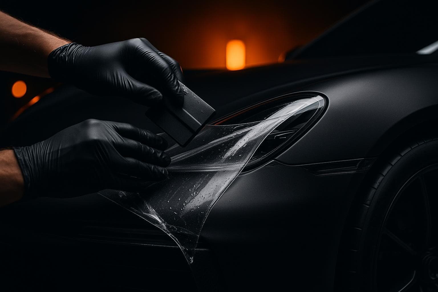 A certified ULTRASHIELD installer applying paint protection film